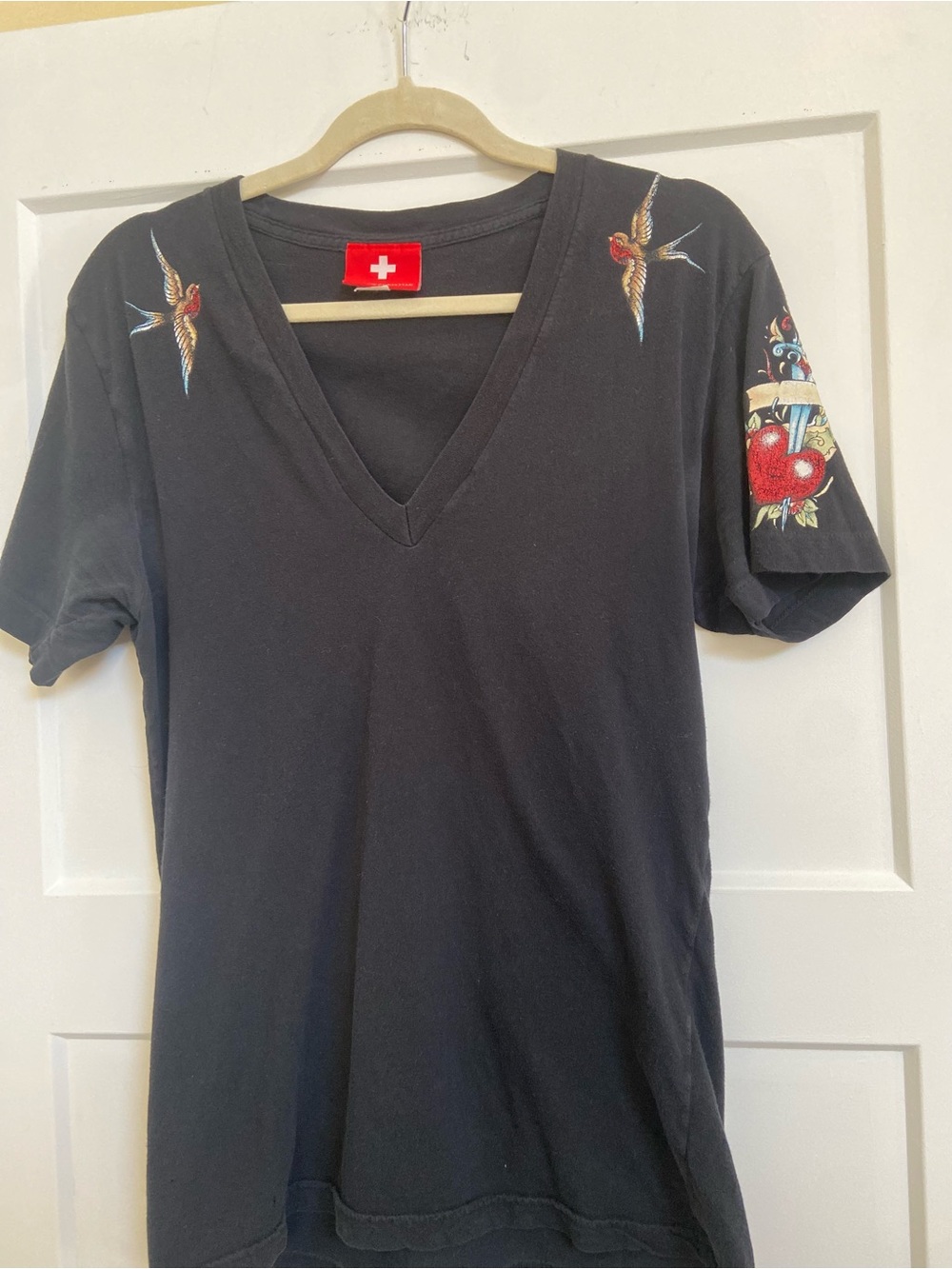 Andrew Christian Black V-Neck Tee with Colorful Swallow and Heart Embroidery